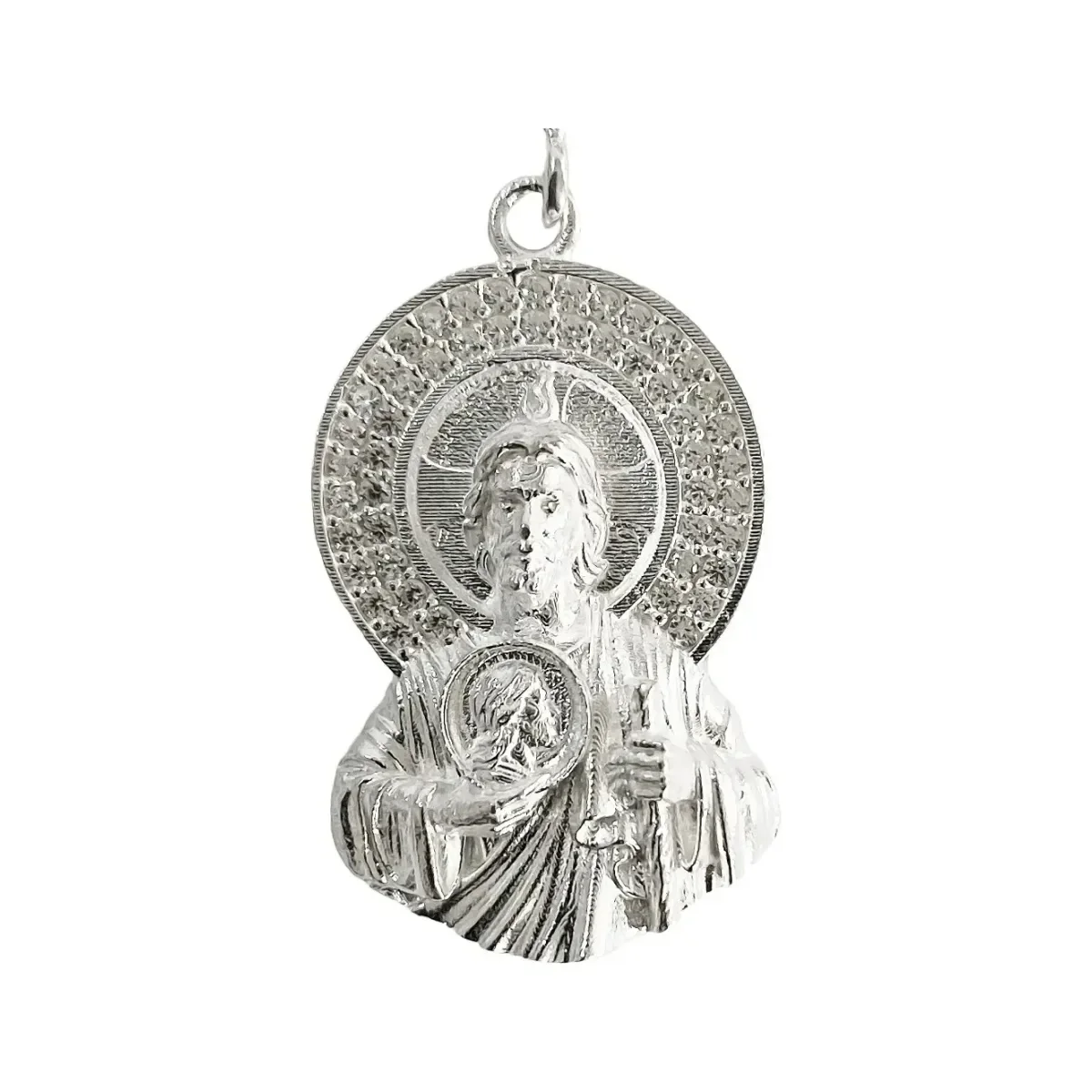 Dije Medalla San Judas Tadeo Plata 925 con Zirconia Grabado - Imagen 2