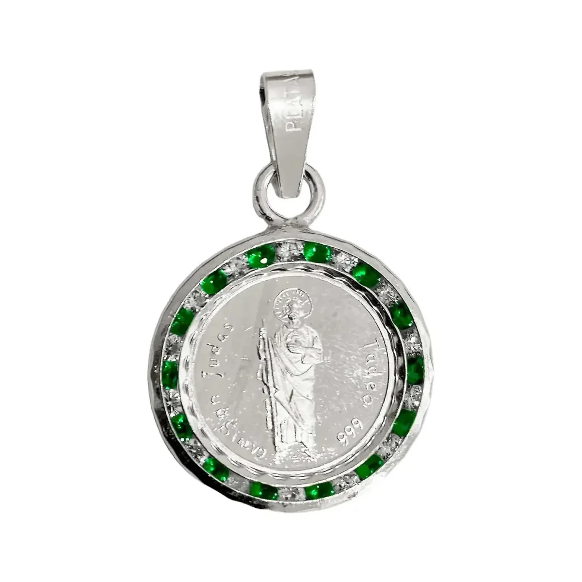 Dije Medalla San Judas Tadeo Plata Fina 999 con Zirconia Verde. Medallón religioso de plata pura, joyería artesanal mexicana,