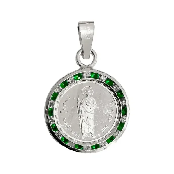 Dije Medalla San Judas Tadeo Plata 999 con Zirconia Verde Liso Modelo 1201 - Imagen 1