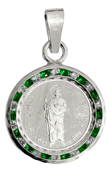 Dije Medalla San Judas Tadeo Plata 999 con Zirconia Verde Liso Modelo 1201 - Imagen 1