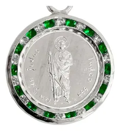 Dije Medalla San Judas Tadeo Plata 999 con Zirconia Verde Liso Modelo 1201 - Imagen 3