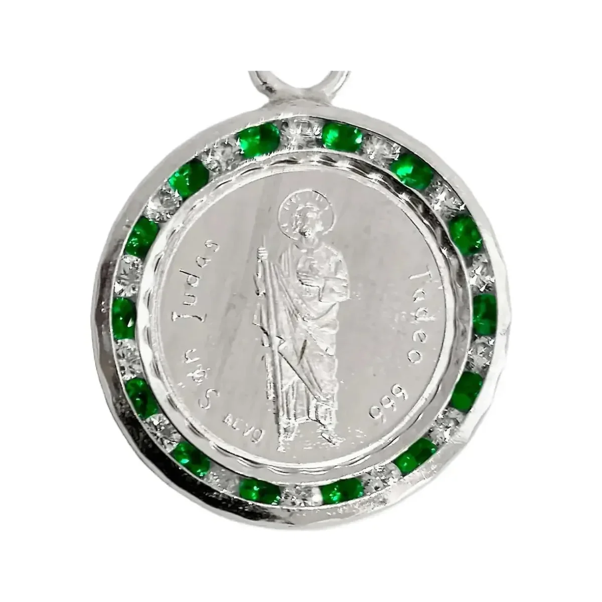 Dije Medalla San Judas Tadeo Plata 999 con Zirconia Verde Liso Modelo 1201 - Imagen 3