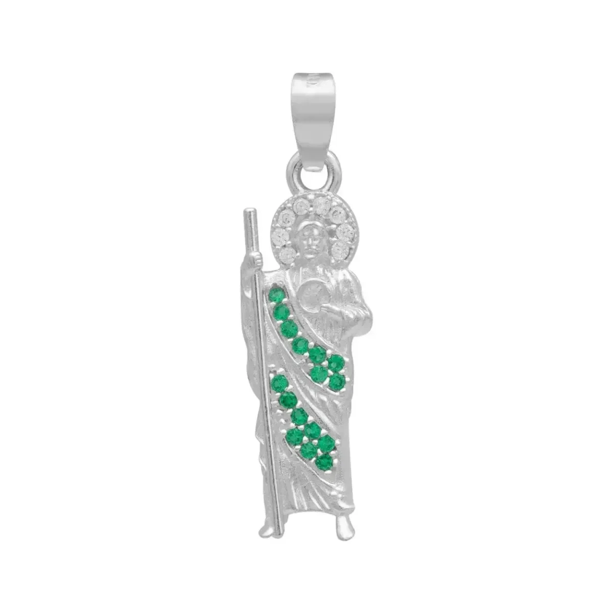 Dije Medalla San Judas Tadeo de Plata .925 con Zirconia Verde Liso, joyería de protección para hombre, amuleto de fe.