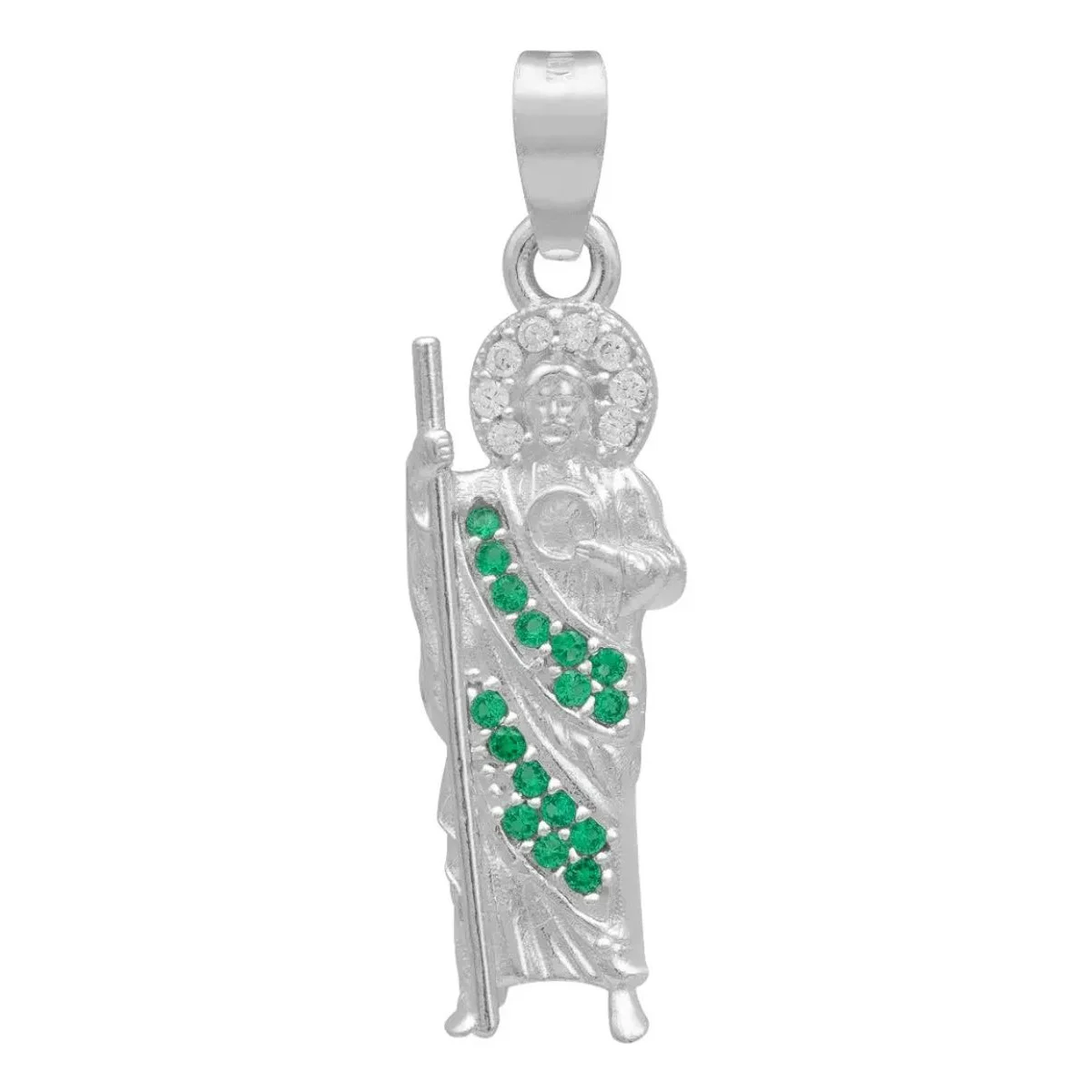 Dije Medalla San Judas Tadeo de Plata .925 con Zirconia Verde Liso, joyería cristiana hombre, regalos religiosos para hombre.