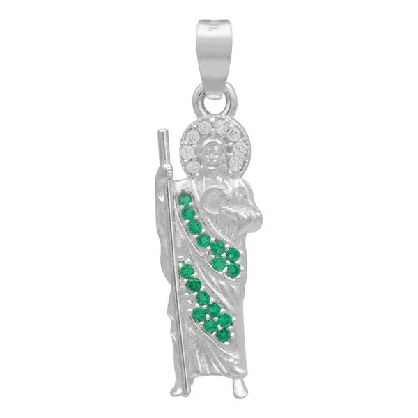 Dije Medalla San Judas Tadeo Plata 925 con Zirconia Verde Liso Modelo 2261 - Imagen 1