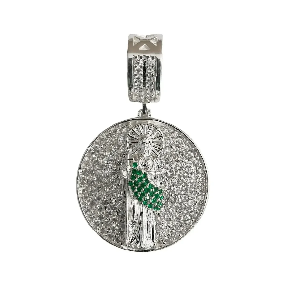 Dije Medalla San Judas Tadeo Plata .925 con Zirconia Verde - Joyaris joyería fina mexicana
