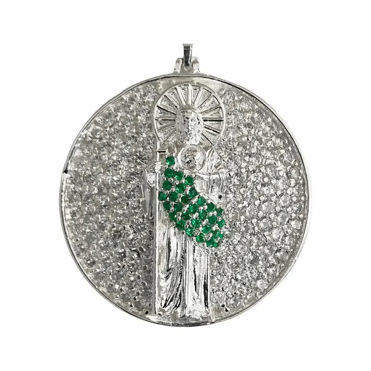 Dije Medalla San Judas Tadeo de Plata .925 con Zirconia Verde - Imagen 2