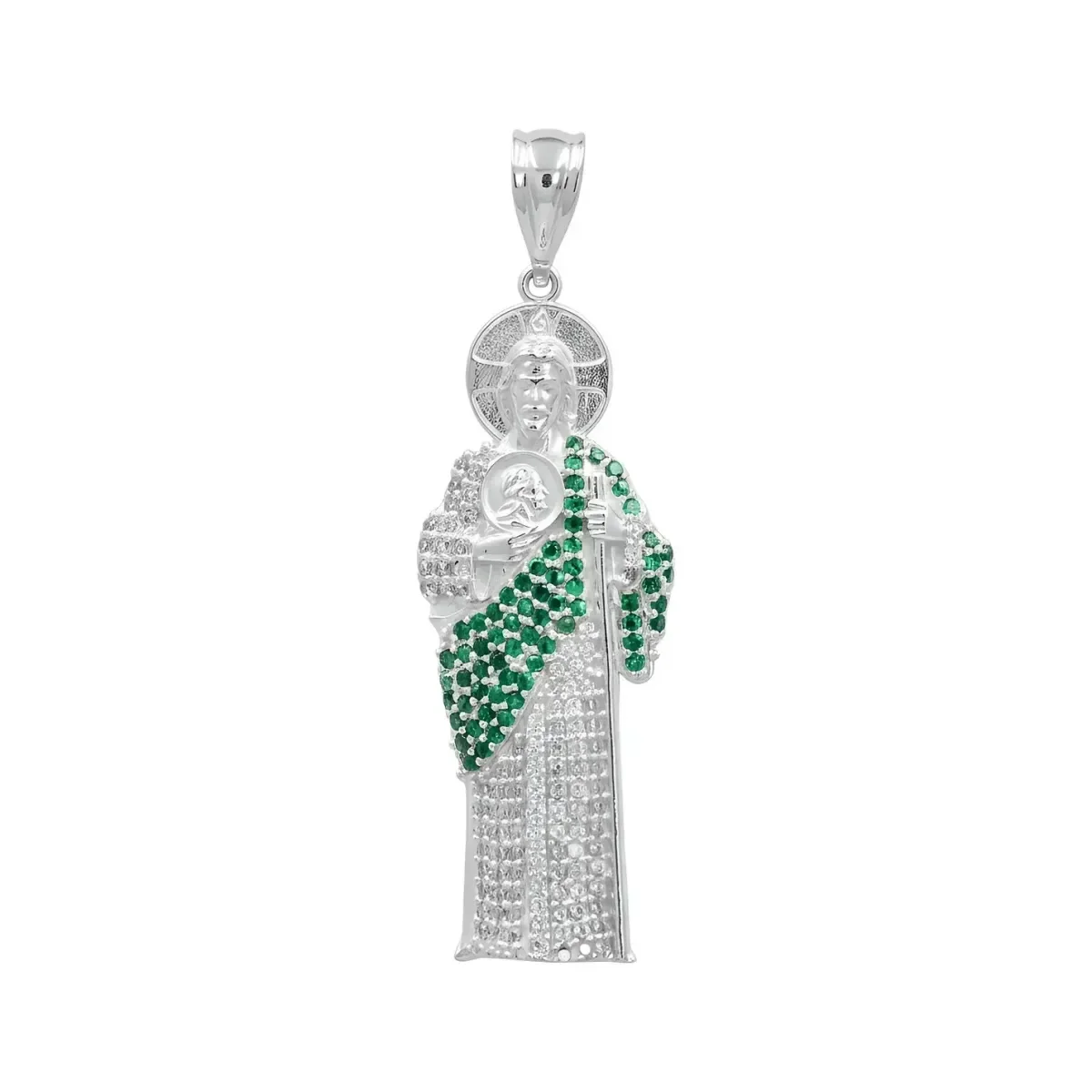 Dije Medalla San Judas Tadeo de bulto, plata 999, con zirconia verde. Joyería artesanal mexicana, amuleto de protección estud