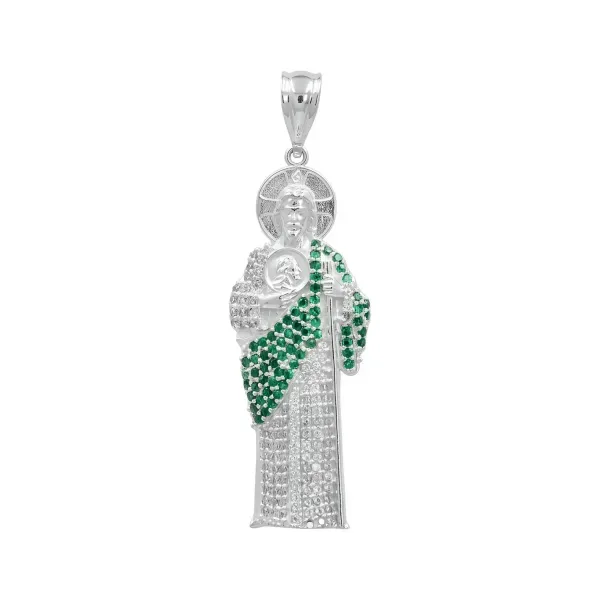 Dije Medalla San Judas Tadeo Plata 925 con Zirconia Verde Zirconias - Imagen 1
