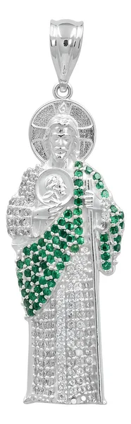 Dije Medalla San Judas Tadeo Plata 925 con Zirconia Verde Zirconias - Imagen 1