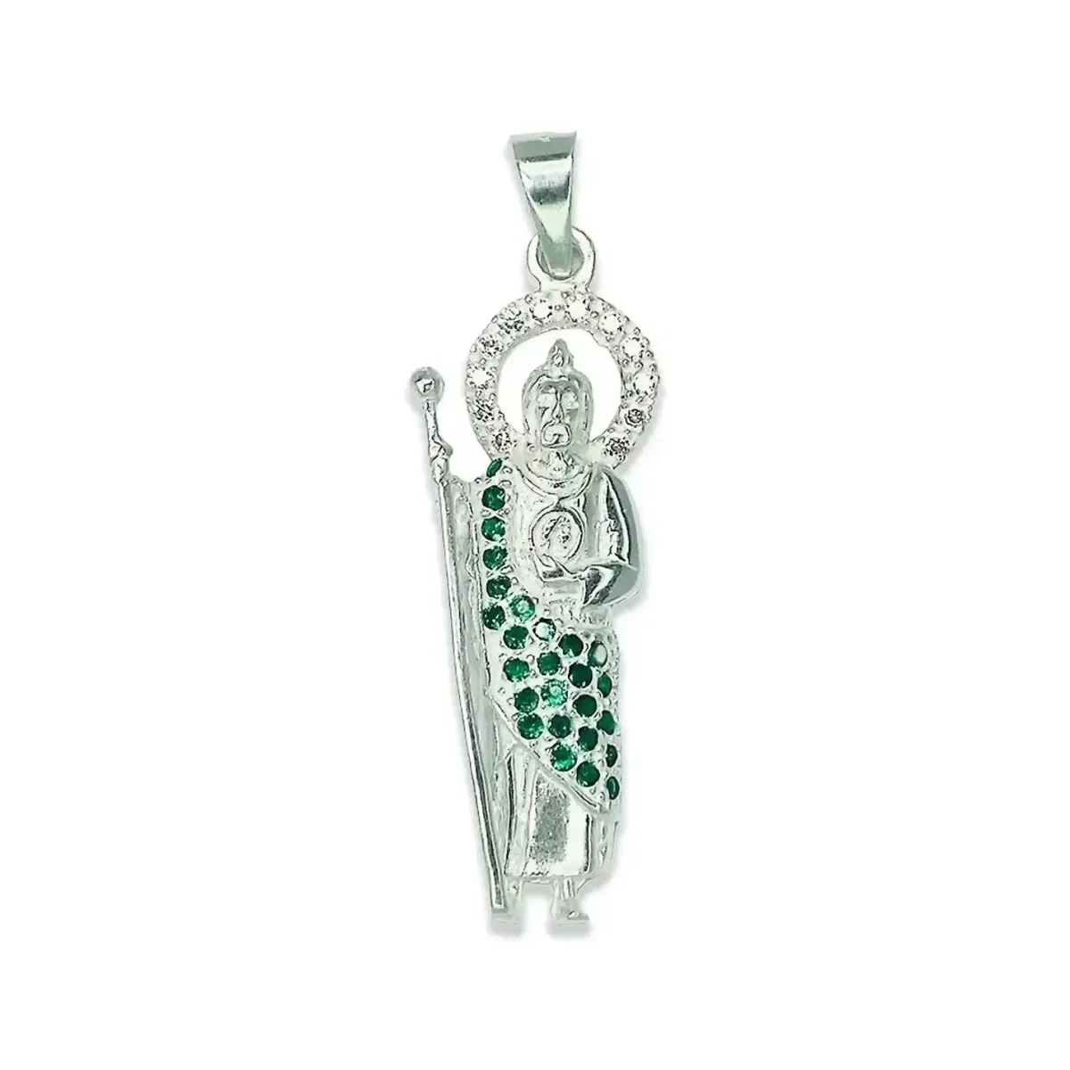 Dije Medalla San Judas Tadeo de Plata Pura 999 con Zirconia Verde. Colgante de joyería religiosa artesanal, ideal regalo para