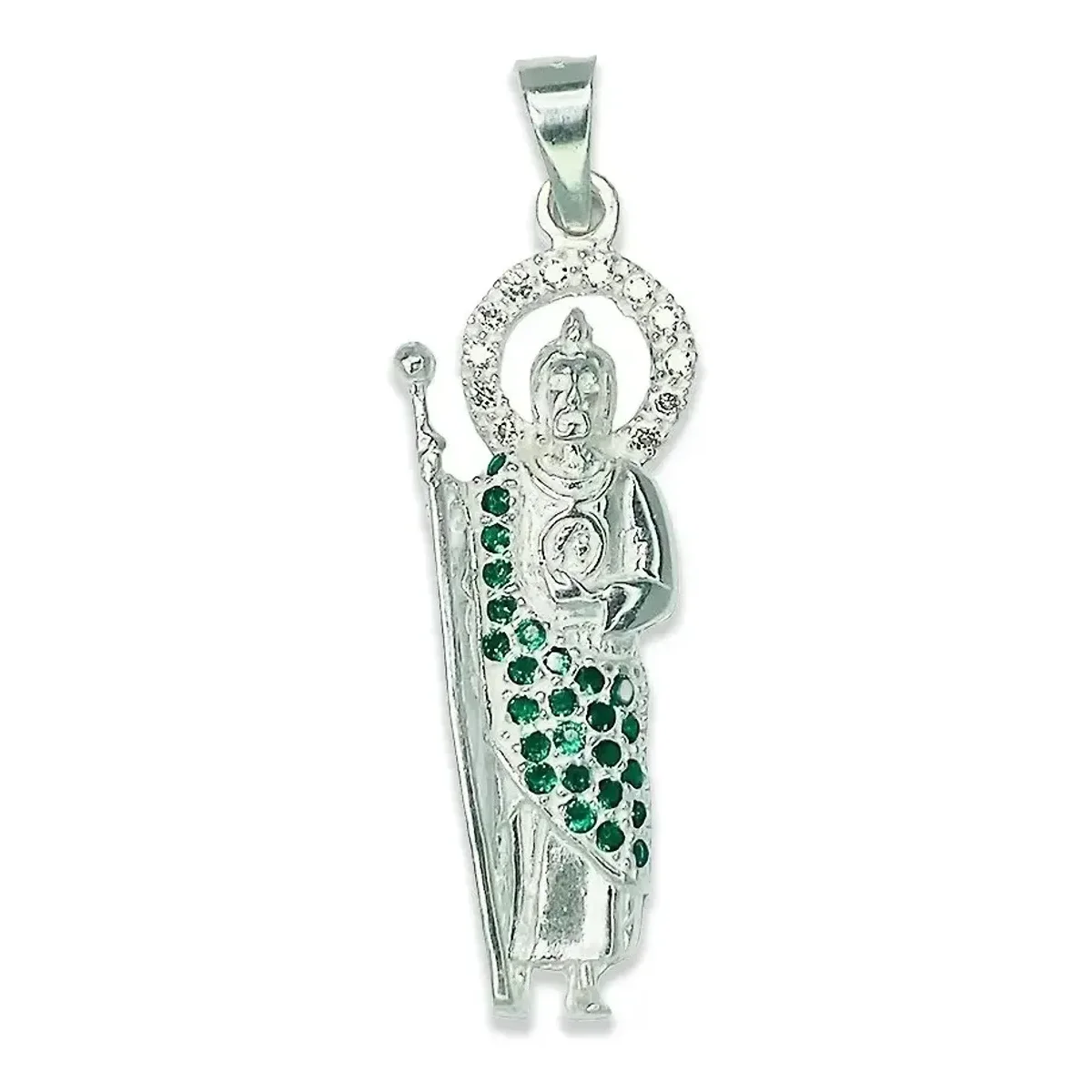 Dije Medalla San Judas Tadeo de Plata Pura 999 con Zirconia Verde. Colgante de joyería religiosa artesanal, ideal regalo para