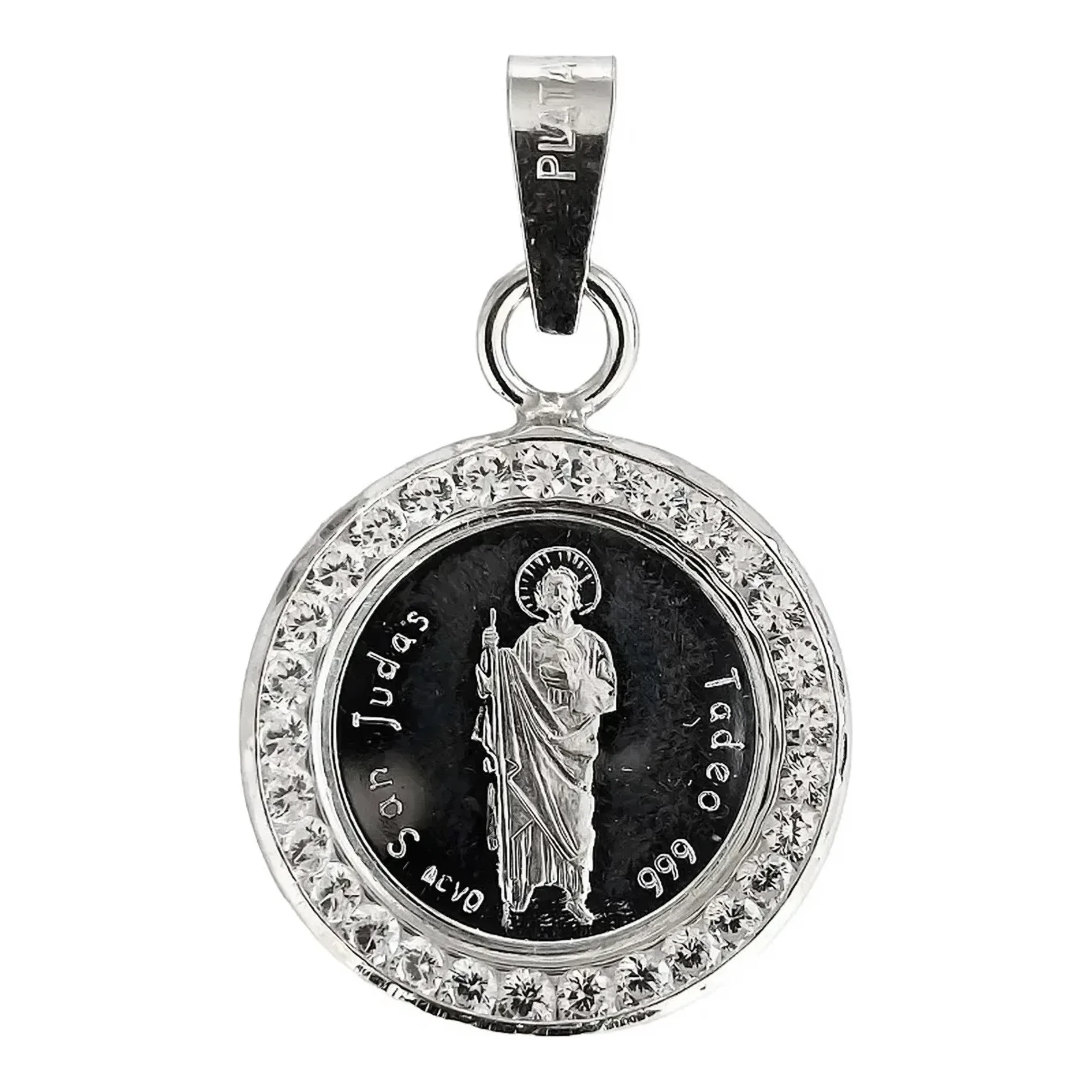 Dije medalla San Judas Tadeo en plata 999 pura con zirconias brillantes, acabado espejo y broche perico en relieve católico