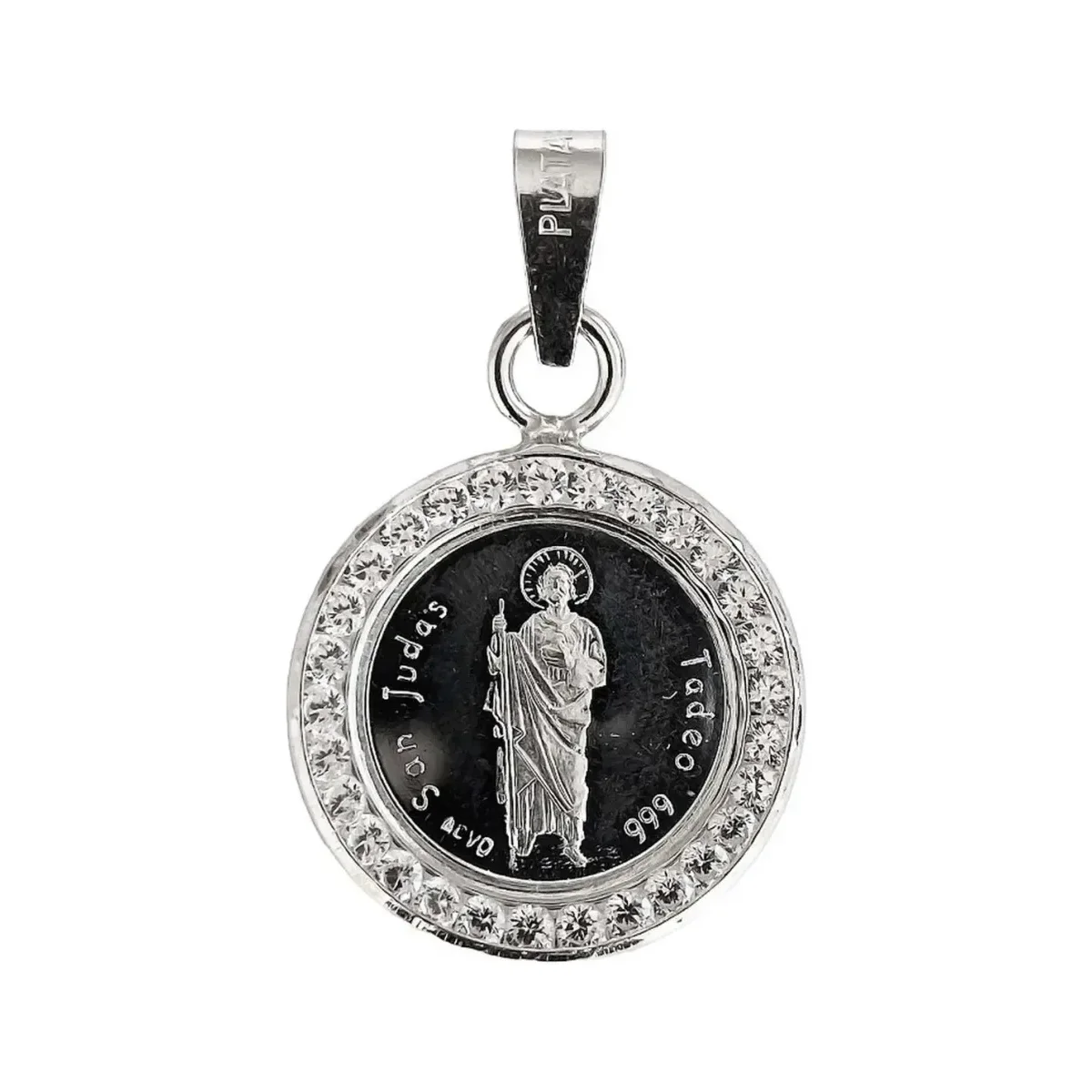 Dije Medalla San Judas Tadeo de Plata 999 pura con zirconias brillantes. Colgante católico para mujer, joya con significado d