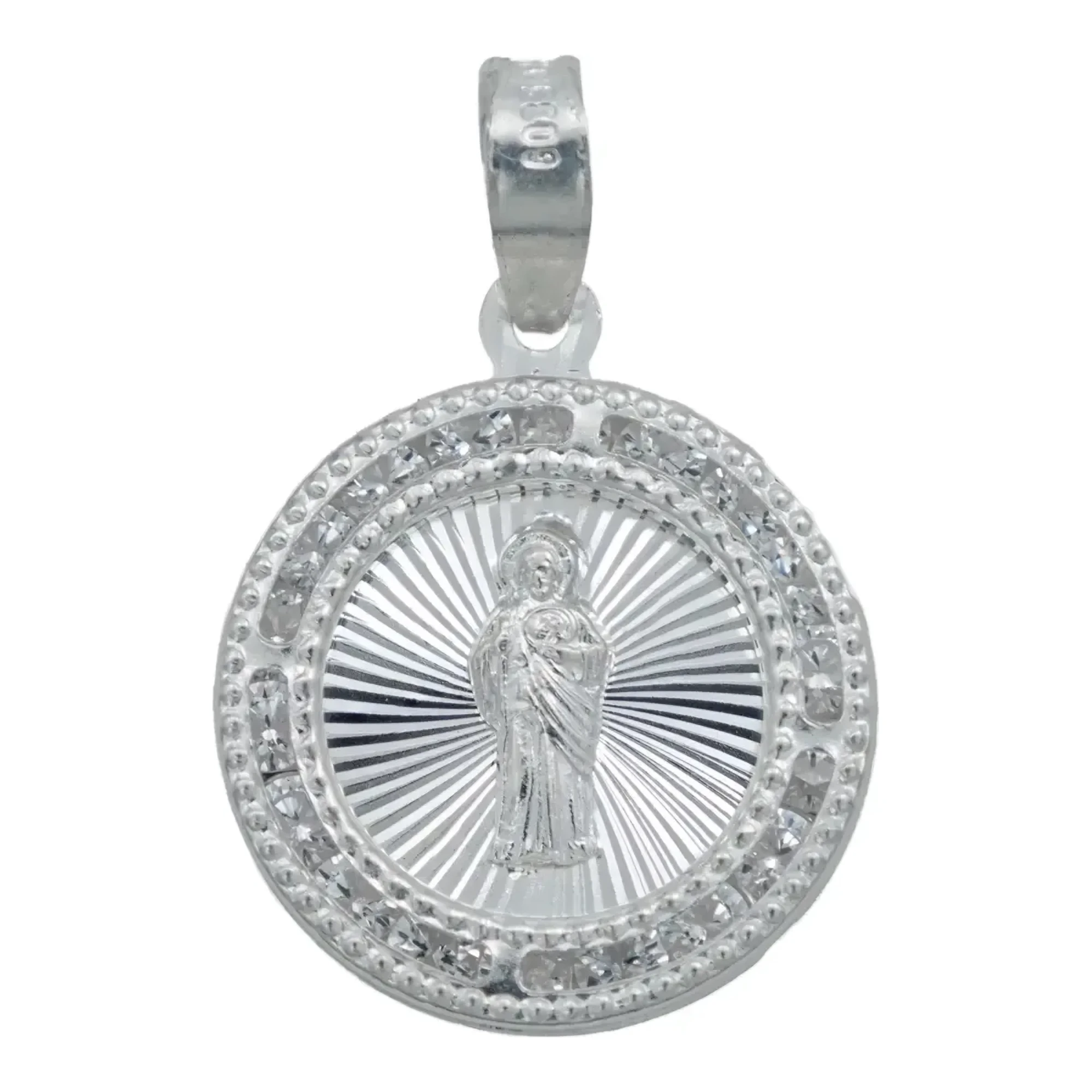 Dije medalla San Judas Tadeo en plata fina .925 nacional diamantada redonda de 16 mm con micro zirconias blancas brillantes