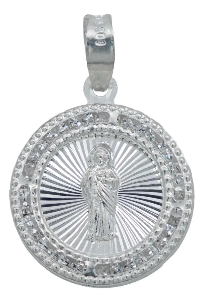 Dije Medalla San Judas Tadeo Plata 925 diamantada con Zirconia para mujer, colgante auténtico mexicano. Joyería religiosa pro