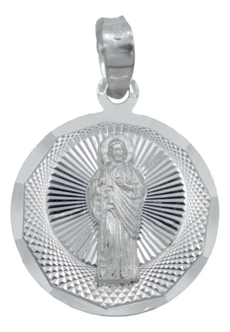 Dije Medalla San Judas Tadeo Plata 925 diamantada, colgante religioso plateado. Dije grande San Judas Tadeo para hombre.