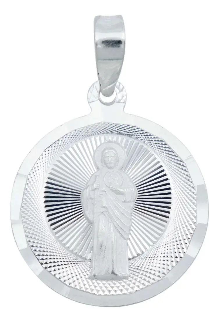 Dije Medalla San Judas Tadeo Plata .925 diamantada, estilo religioso. Colgante San Judas Tadeo para hombre, joyería católica