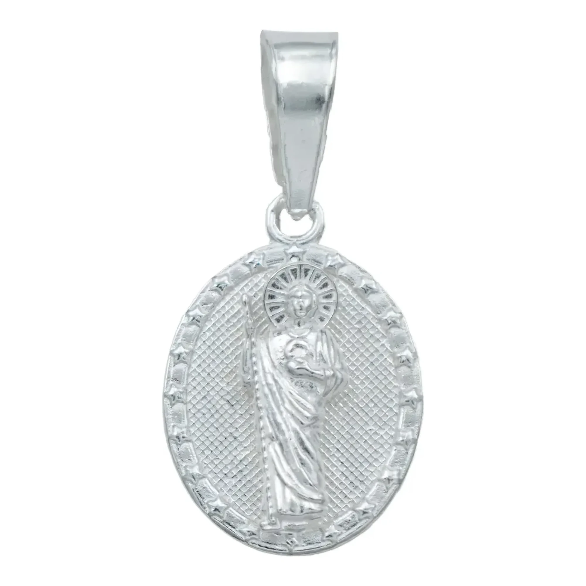 Dije medalla San Judas Tadeo plata 925 diamantada brillante, silueta patrono causas difíciles con relieve y reasa amplia