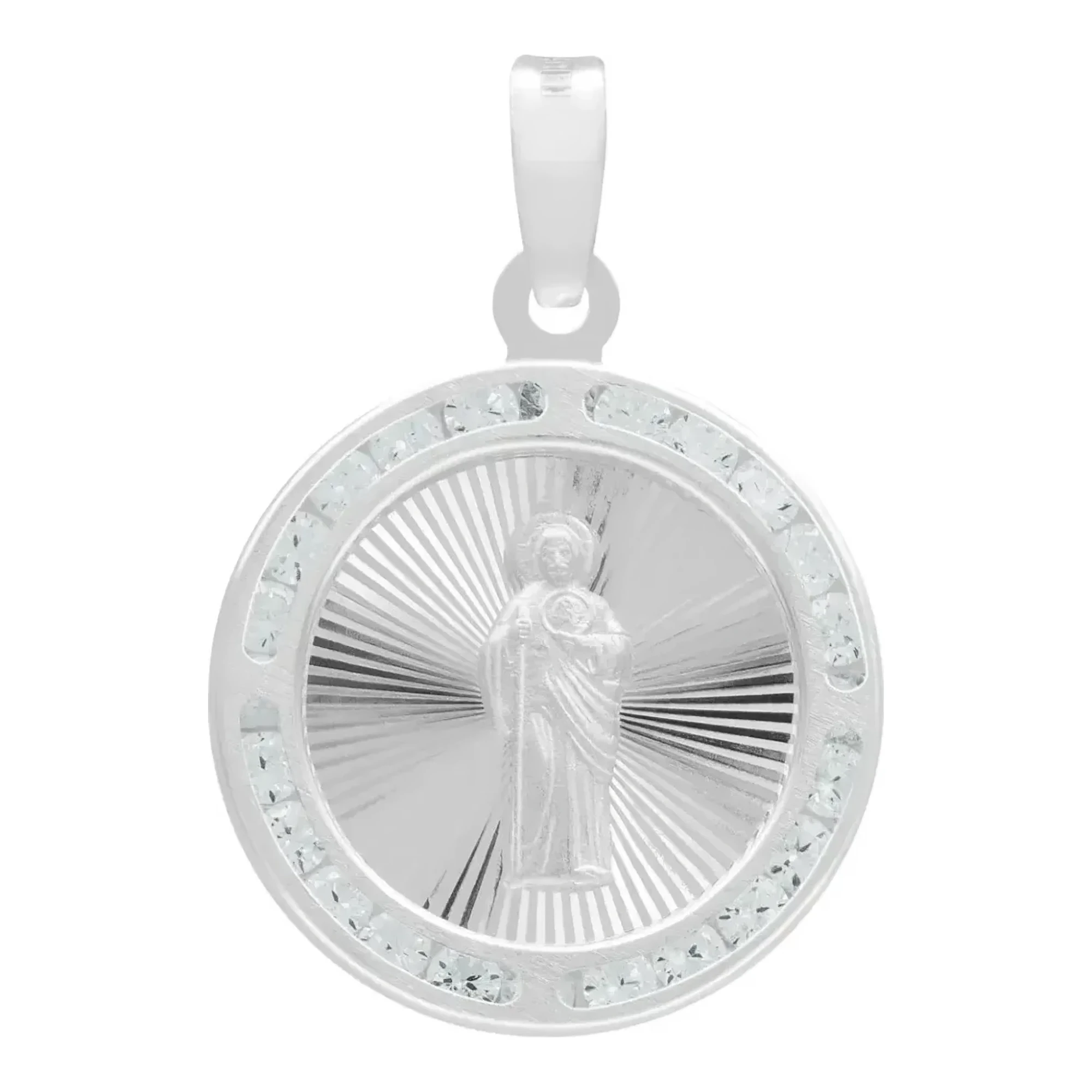 Dije medalla San Judas Tadeo en plata ley 925 diamantada con zirconia blanca brillante redonda colgante religioso unisex