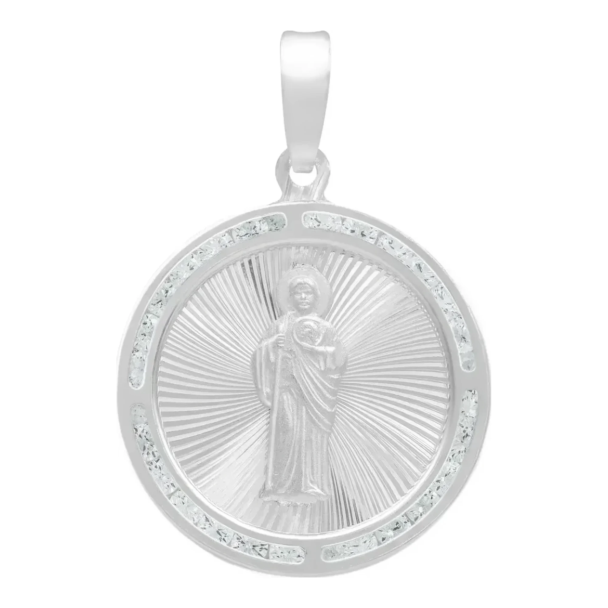 Dije medalla San Judas de plata 925 nacional diamantado con incrustaciones de zirconias blancas y broche perico Joyaris