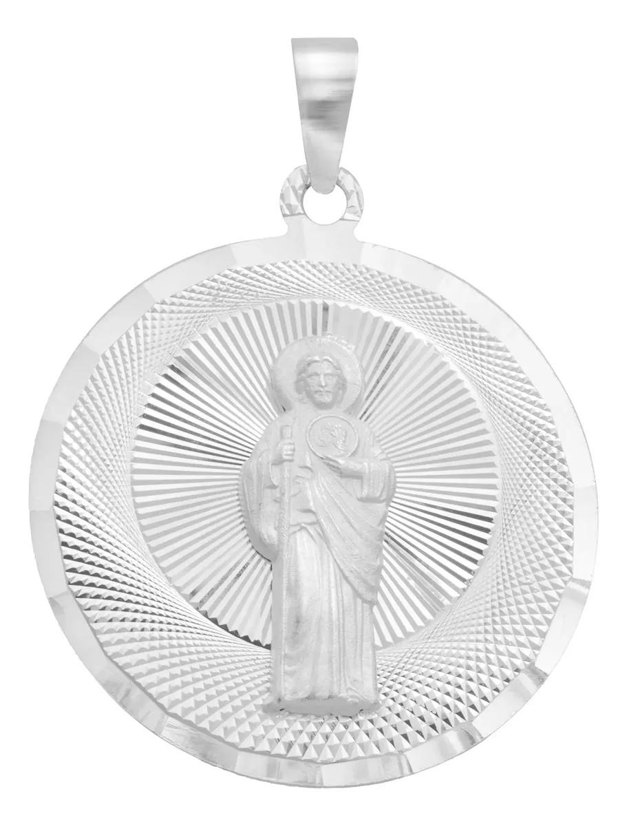 Dije Medalla San Judas Tadeo Plata 925 diseño diamantado redondo - Joyaris joyería mexicana