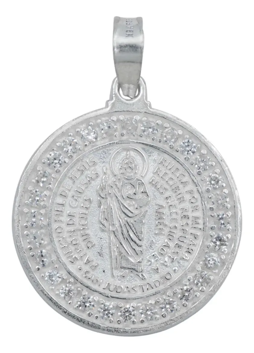 Dije Medalla San Judas Tadeo Plata 925 doble vista con Zirconia brillante, colgante de plata para mujer, joyería espiritual m