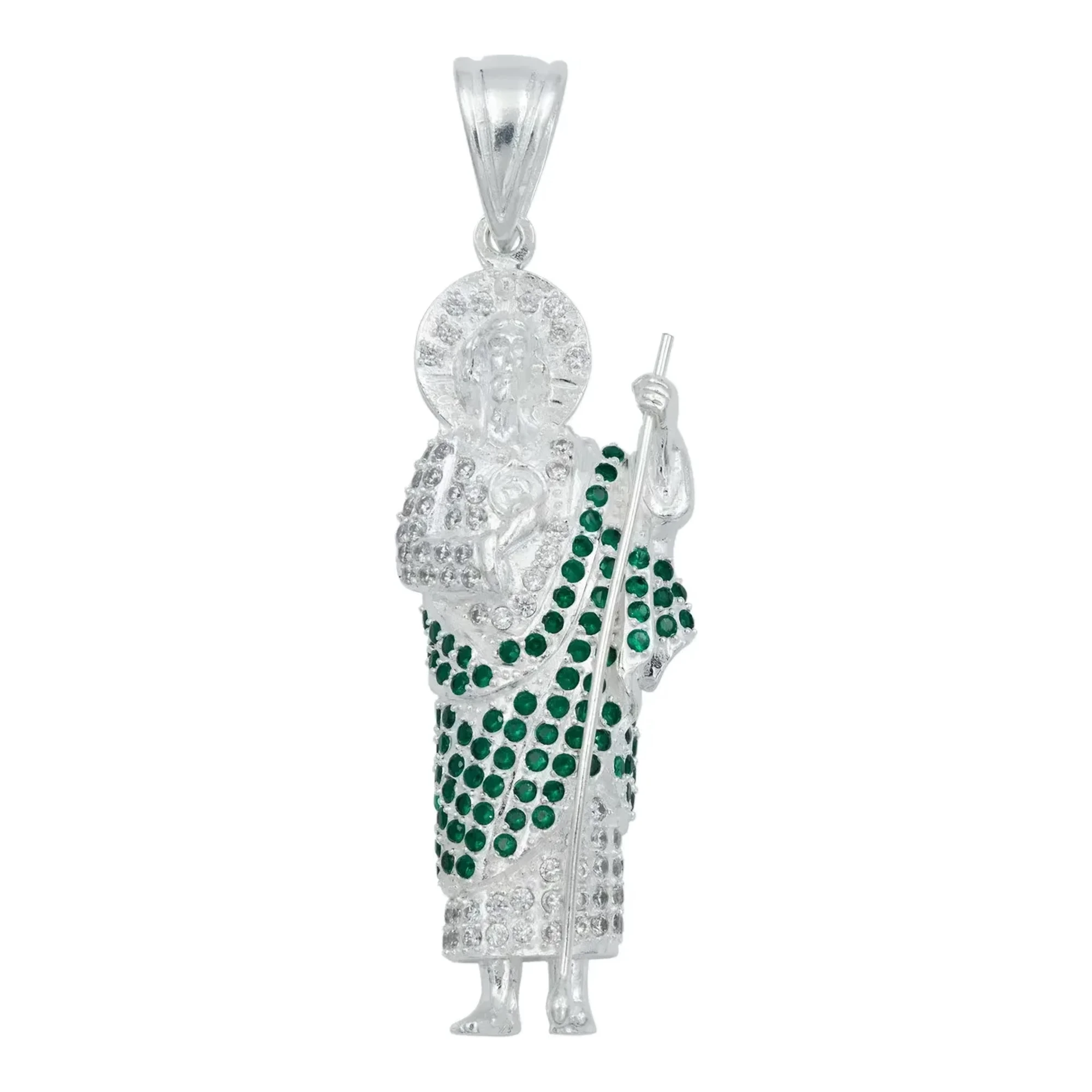 Medalla San Judas Tadeo grande en plata 925 nacional con zirconias verdes y broche perico para hombre de joyeria religiosa