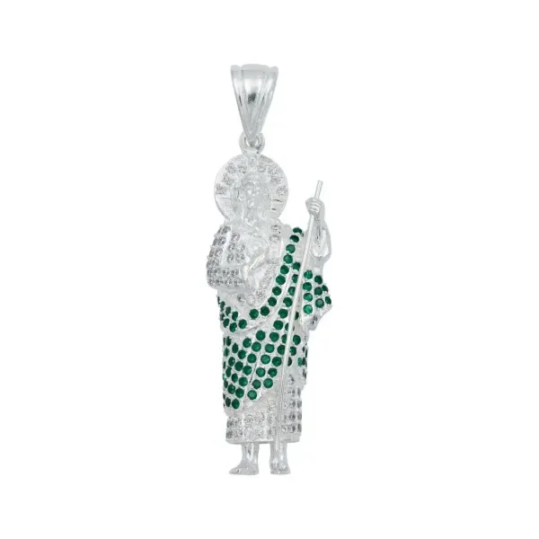 Dije Medalla San Judas Tadeo Plata 925 Grande Zirconia Verde - Imagen 1