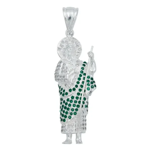 Dije Medalla San Judas Tadeo Plata 925 Grande Zirconia Verde - Imagen 1
