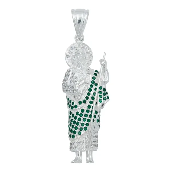 Dije Medalla San Judas Tadeo Plata 925 Grande Zirconia Verde - Imagen 1