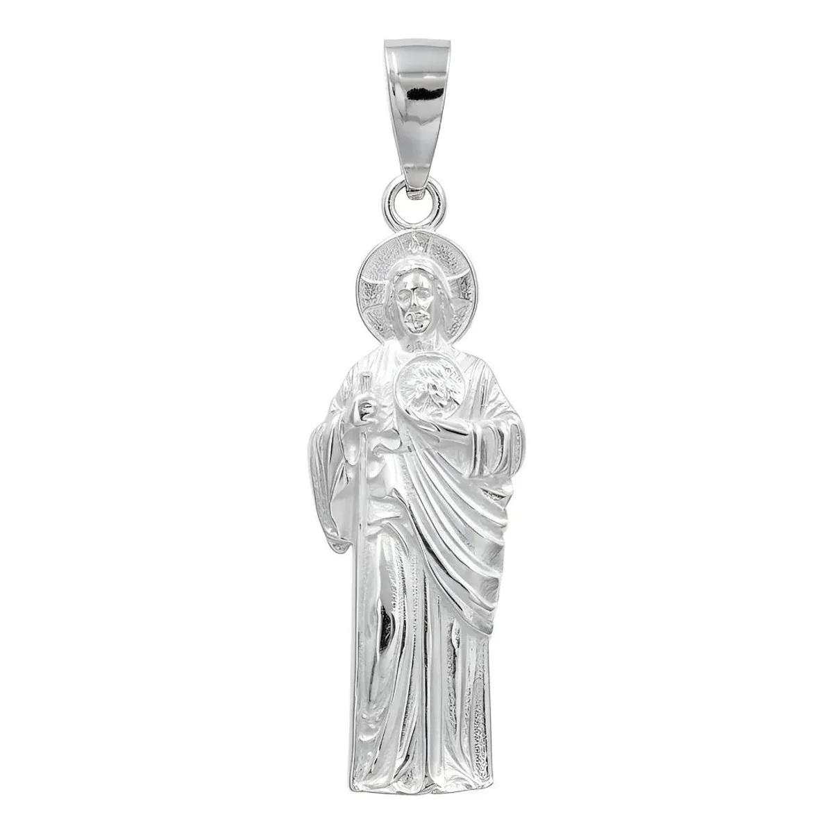 Dije Medalla San Judas Tadeo Plata .925 liso, joyería católica moderna artesanal, colgante de protección para hombre.