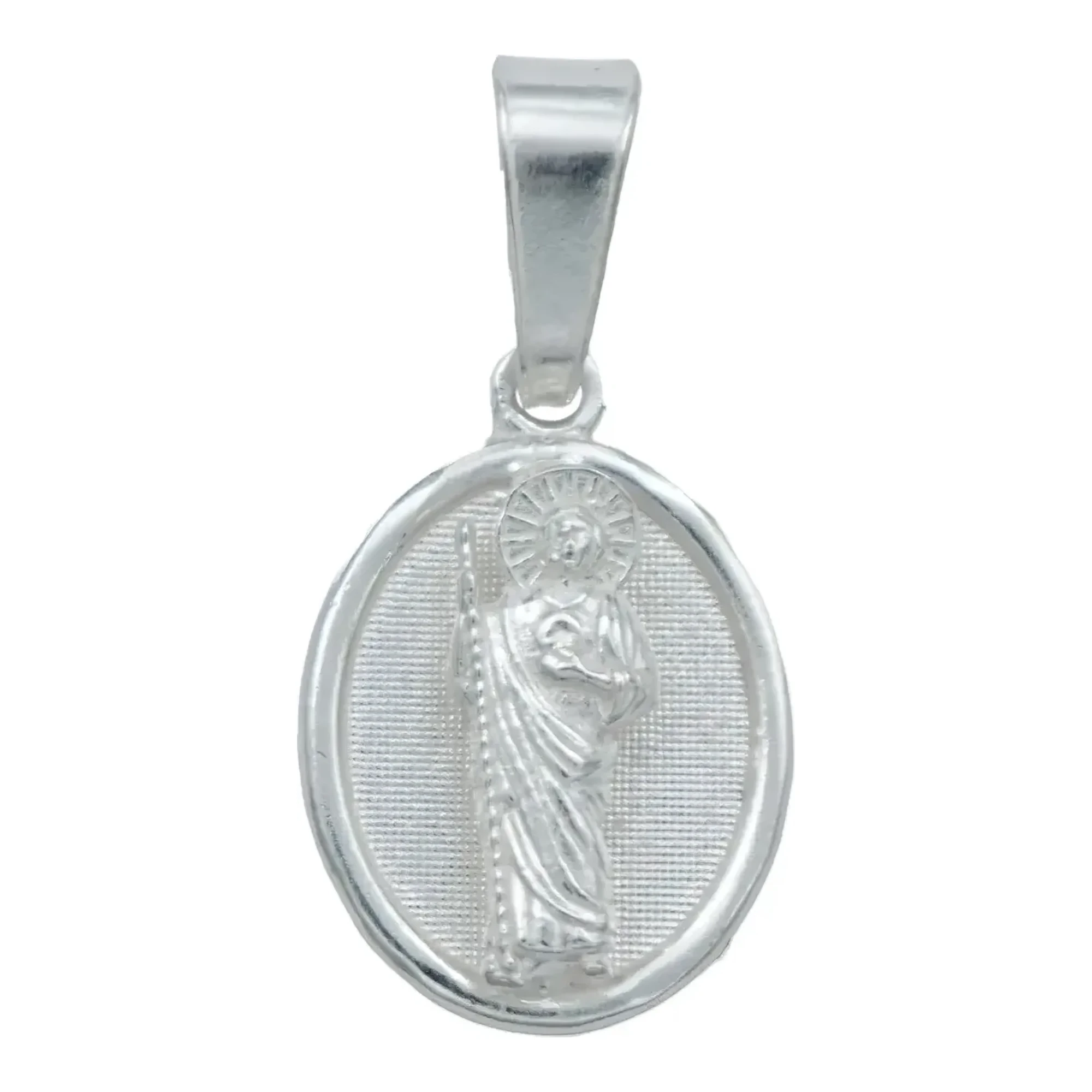 Dije medalla San Judas Tadeo plata .925 chica con acabado liso brillante, silueta patrono causas difíciles para collar.