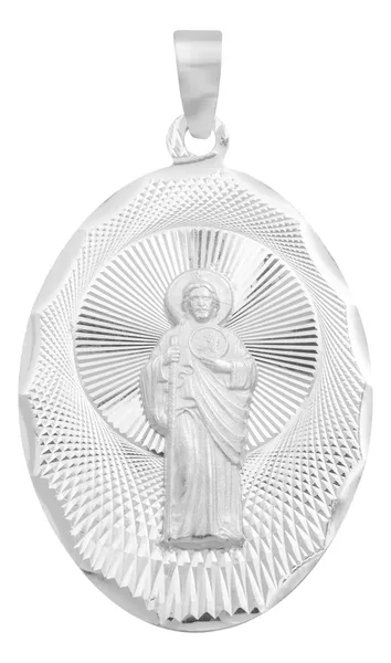 Dije Medalla San Judas Tadeo Plata 925 Ovalada Diamantada - Imagen 1