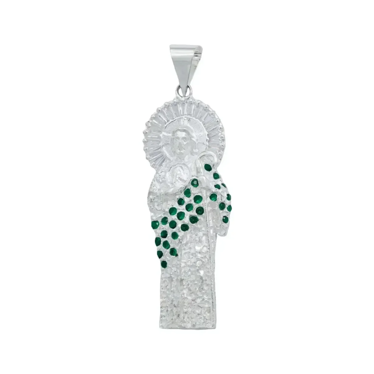 Dije Medalla San Judas Tadeo Plata .925 Zirconia Baguette Verde. Joyería católica moderna, colgante espiritual para hombre.