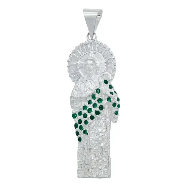 Dije Medalla San Judas Tadeo Plata 925 Zirconia Baguette Verde - Imagen 1