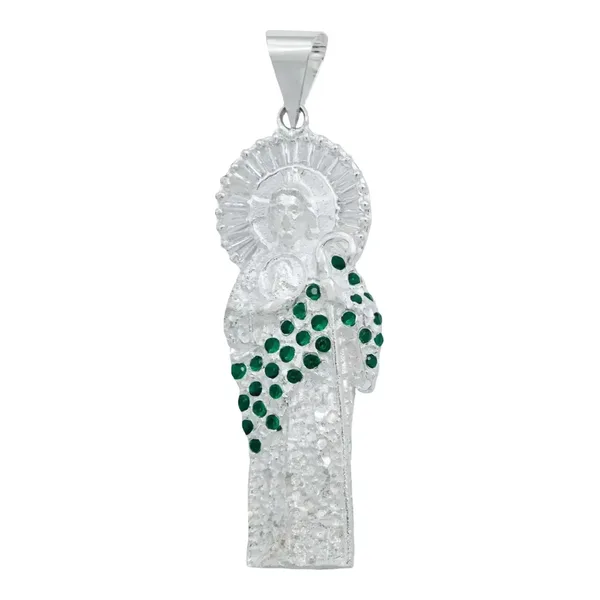 Dije Medalla San Judas Tadeo Plata 925 Zirconia Baguette Verde - Imagen 1