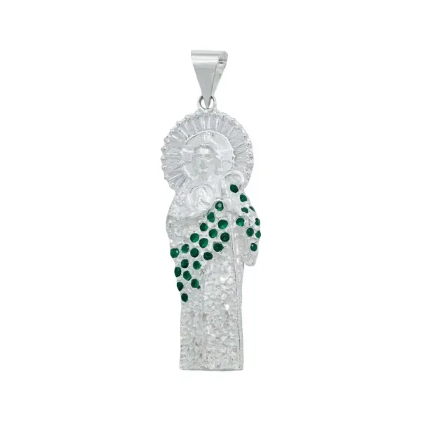 Dije Medalla San Judas Tadeo Plata 925 Zirconia Baguette Verde - Imagen 1