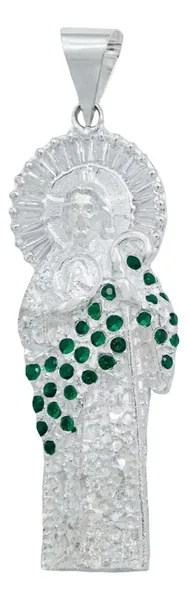 Dije Medalla San Judas Tadeo Plata 925 Zirconia Baguette Verde - Imagen 1