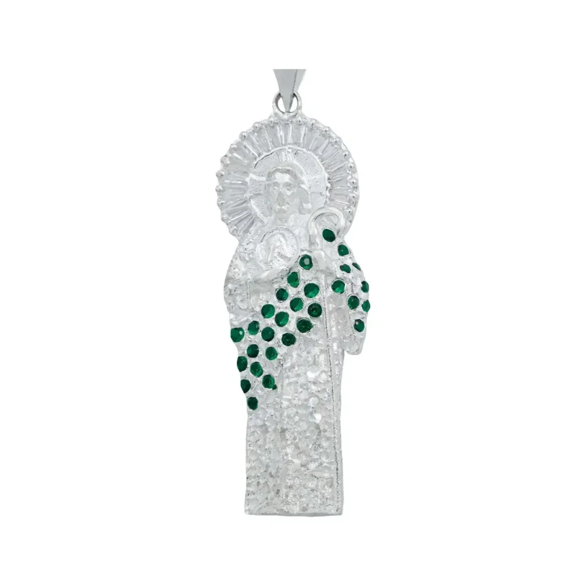 Dije Medalla San Judas Tadeo Plata 925 Zirconia Baguette Verde - Imagen 2