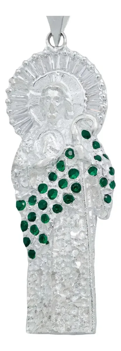 Dije Medalla San Judas Tadeo Plata 925 Zirconia Baguette Verde - Imagen 1