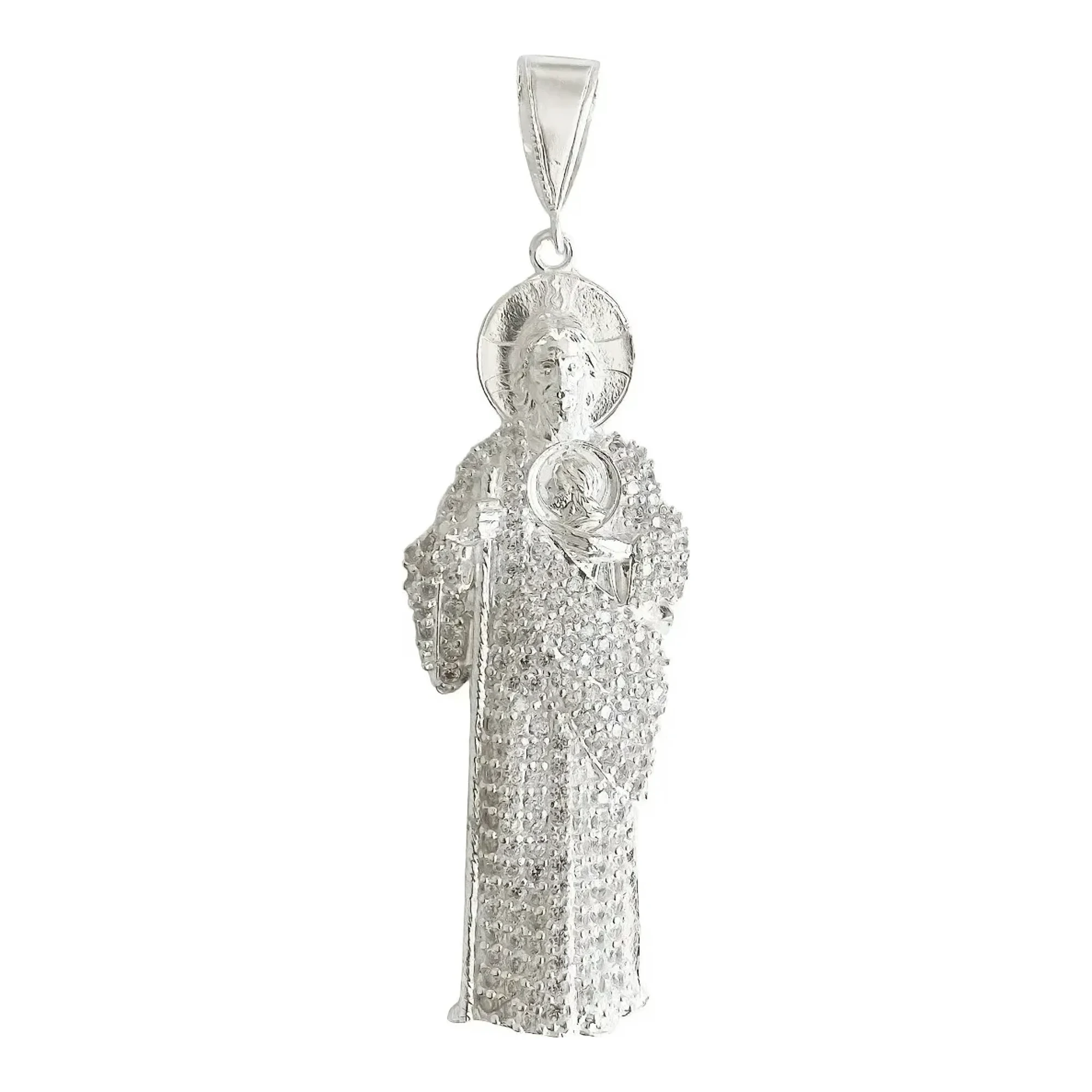 Dije medalla San Judas Tadeo plata ley 925 nacional con zirconias blancas broche perico 95mm joyería mexicana religiosa