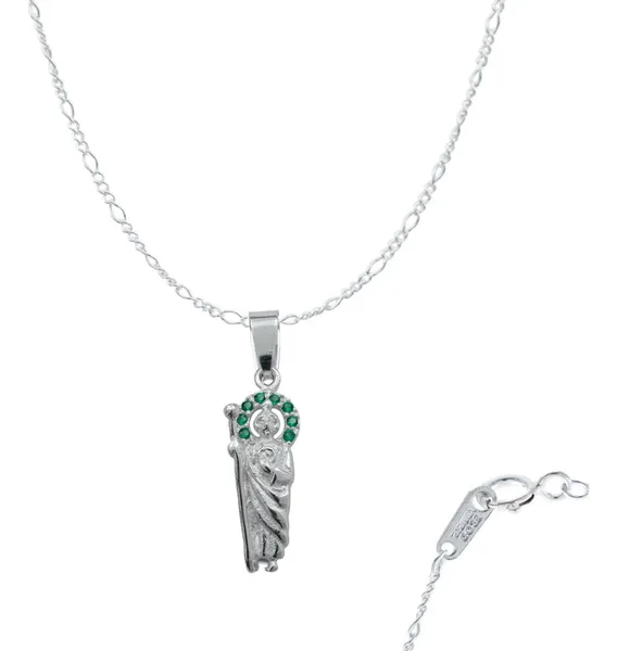 Dije Medalla San Judas Tadeo Plata 925 Zirconia Verde - Imagen 1