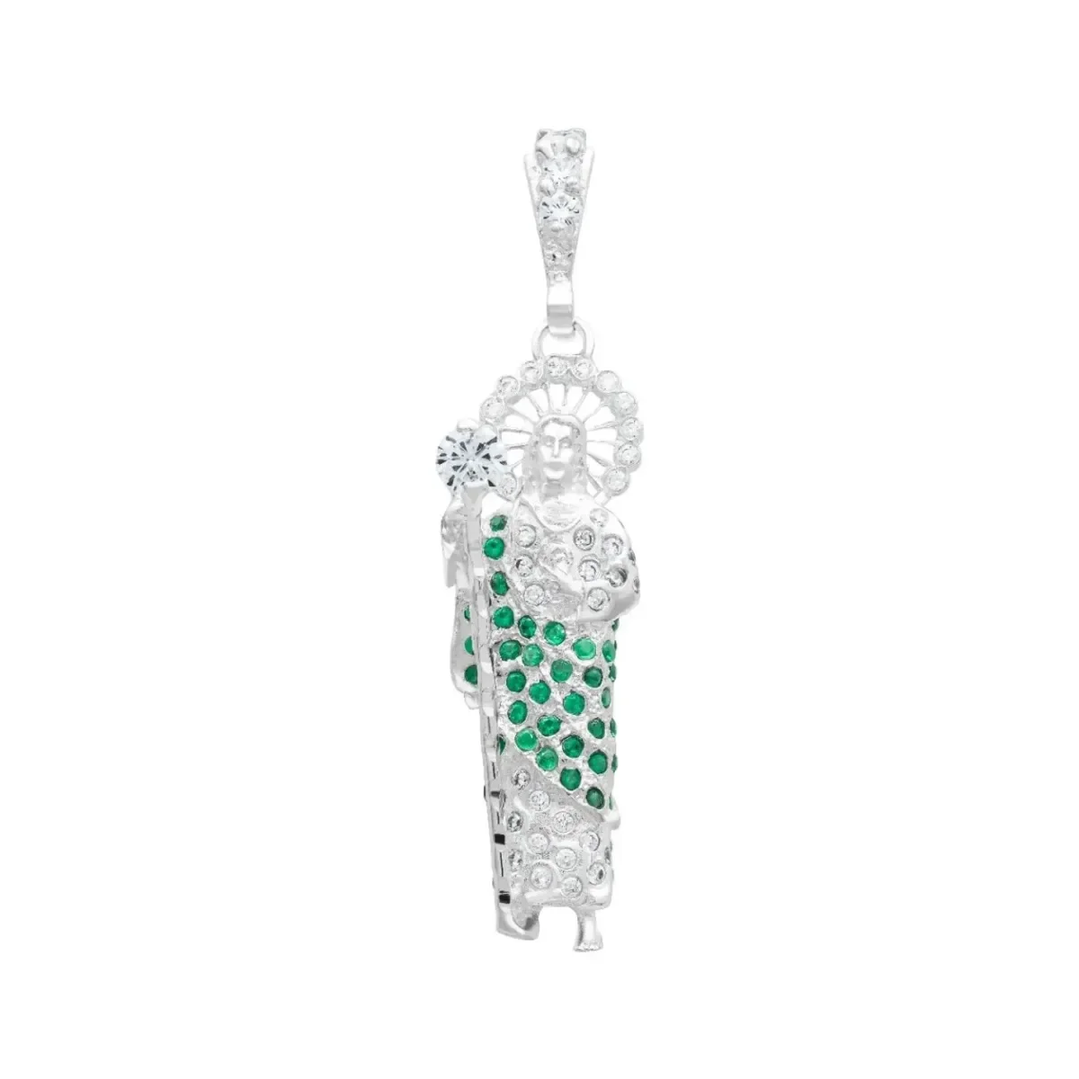 Dije Medalla San Judas Tadeo Plata .925 Nacional con zirconias verdes, relieve 3D. Joyería sostenible plata, amuleto protecci