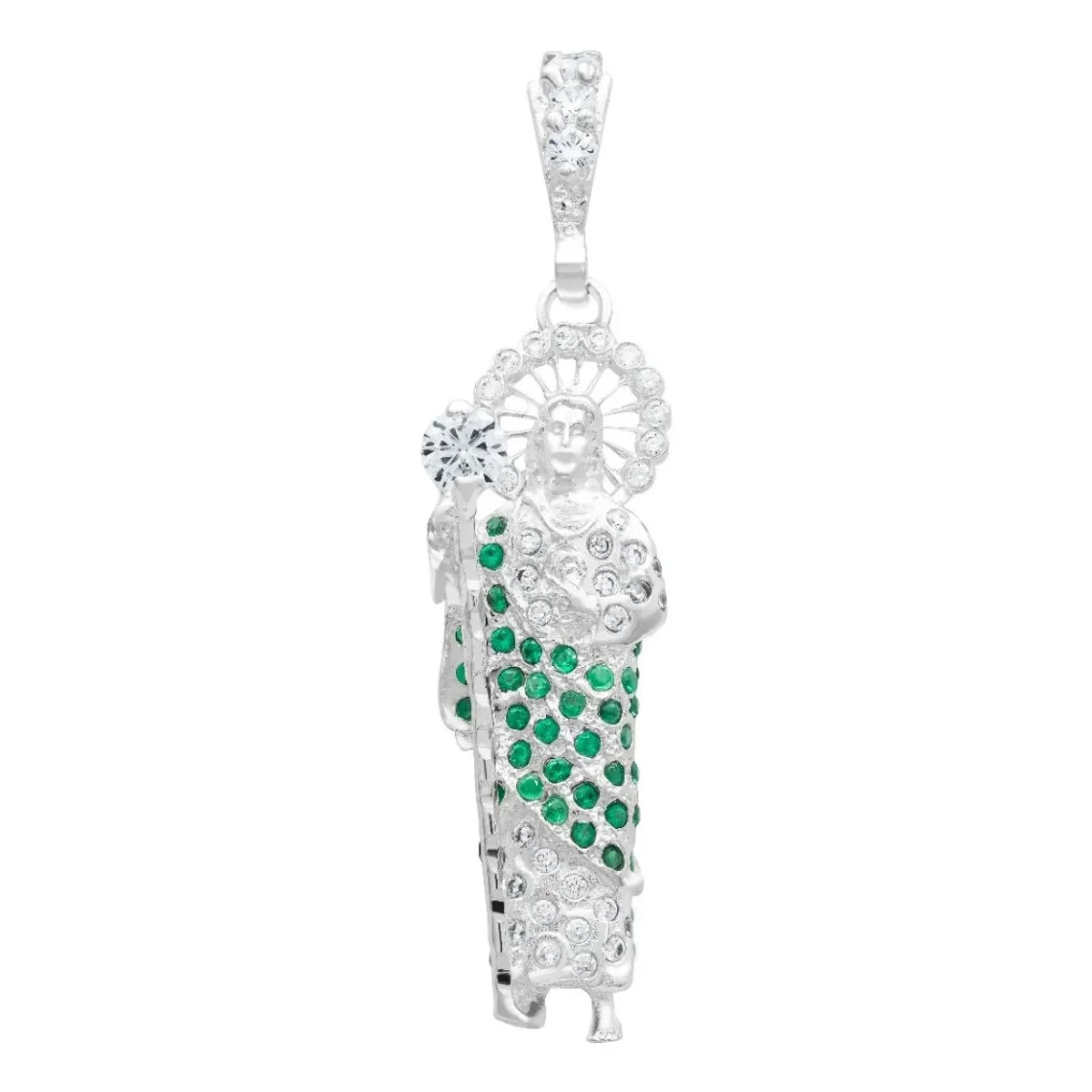 Dije Medalla San Judas Tadeo Plata .925 Nacional con zirconias verdes y relieve 3D. Joyería religiosa de plata mexicana artes