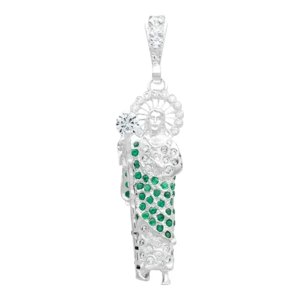 Dije Medalla San Judas Tadeo Plata 925 Zirconias Verdes con Relieve 3D - Imagen 1