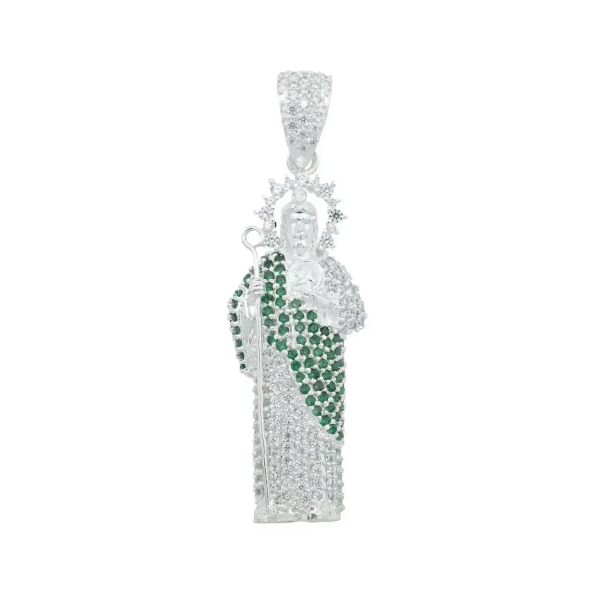Dije Medalla San Judas Tadeo grande Plata .925 auténtica, Zirconia Verde esmeralda. Colgante católico para hombre hecho en Mé