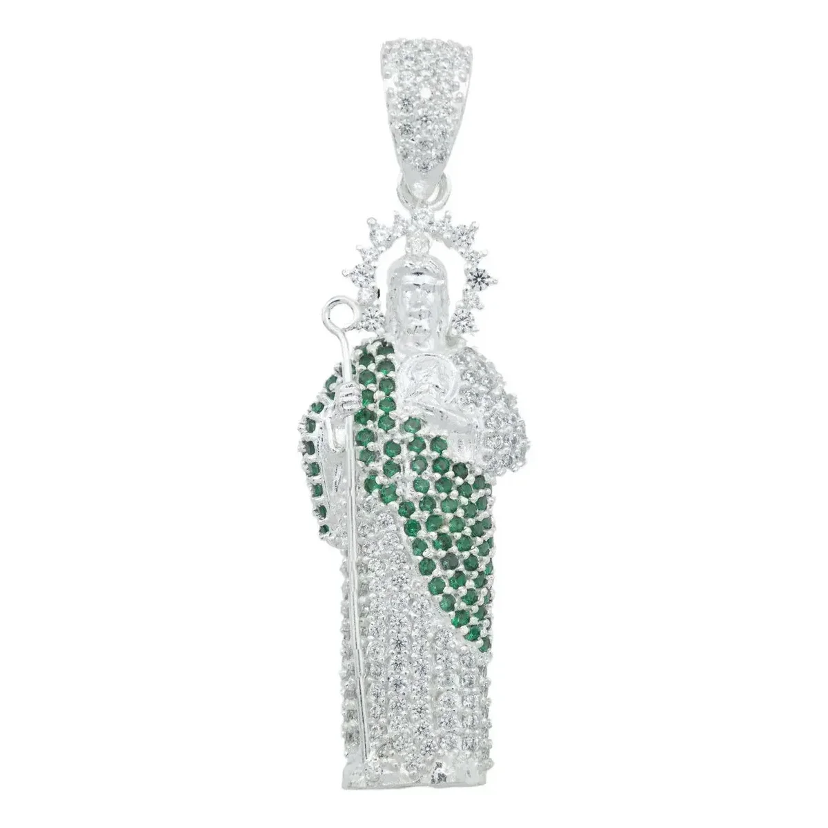 Dije Medalla San Judas Tadeo grande Plata .925 auténtica, Zirconia Verde esmeralda. Colgante católico para hombre hecho en Mé