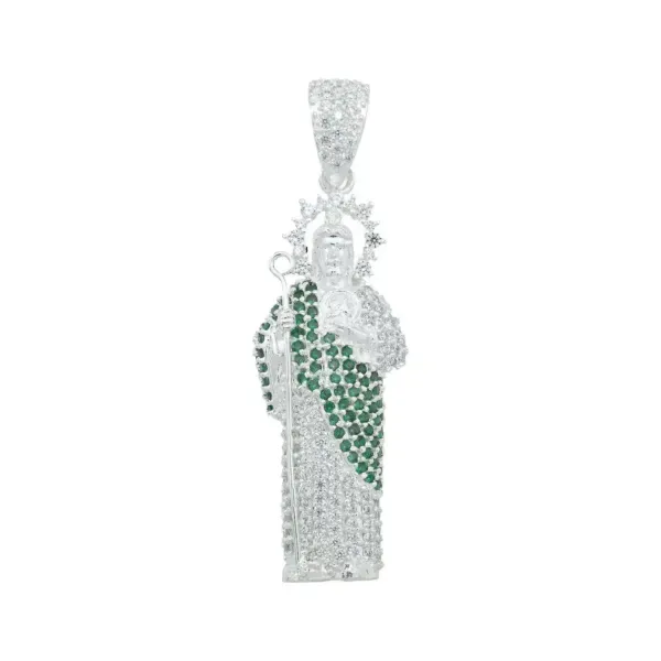 Dije Medalla San Judas Tadeo Plata Ley .925 Zirconia Verde Grande - Imagen 1