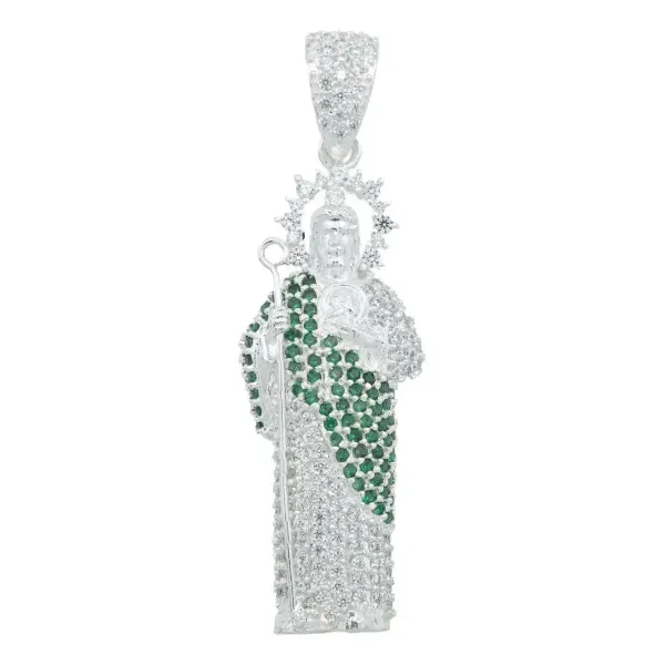 Dije Medalla San Judas Tadeo Plata Ley .925 Zirconia Verde Grande - Imagen 1